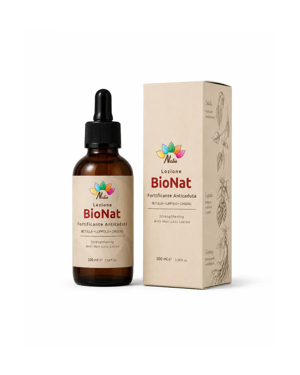 BioNat Lozione Anticaduta Fortificante senza risciacquo per capelli fragili con Betulla, Luppolo, Ginseng, Ortica, Salvia e Zinco.