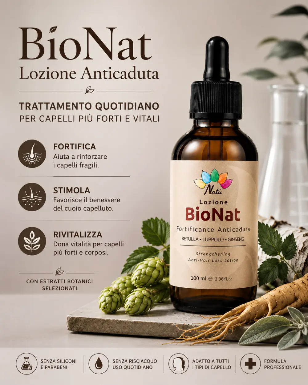 Lozione anticaduta naturale vegan con Betulla, Luppolo, Ginseng, Ortica, Salvia e Zinco che contrasta la caduta dei capelli, aiuta a rinforzare i capelli fragili, sostenere il benessere del cuoio capelluto e favorire una chioma più folta, forte e vitale.
