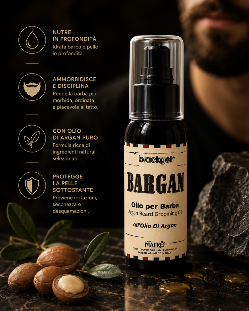 Olio barba con olio di Argan 100% naturale e vegano che nutre il pelo, idrata la pelle e aiuta a prevenire secchezza e desquamazione.