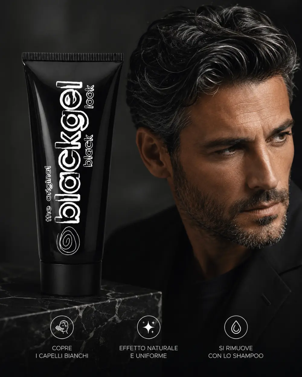 Uomo con capelli brizzolati più uniformi, definiti e luminosi grazie al gel nero che valorizza il colore naturale senza effetto tinta.