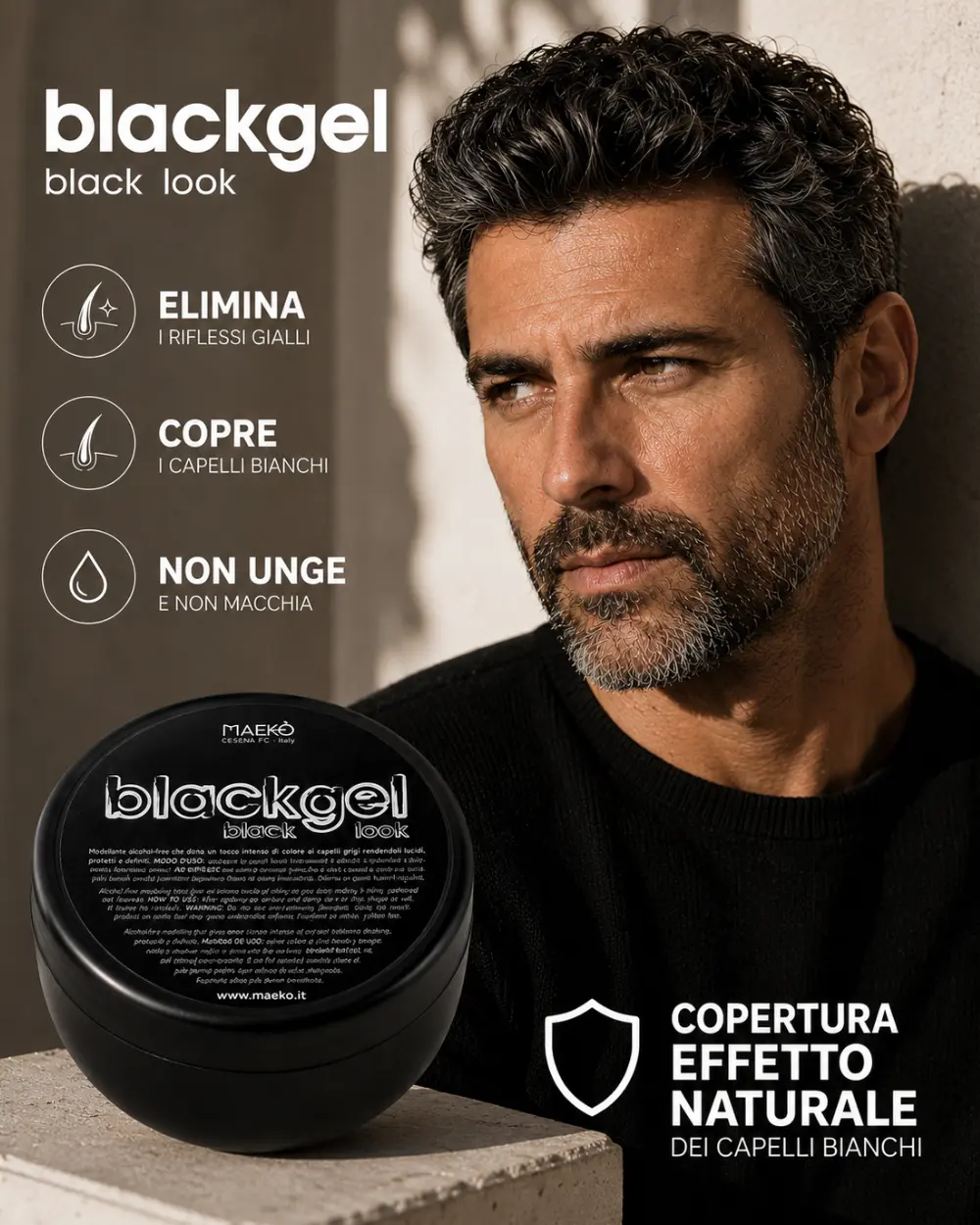 Uomo con capelli brizzolati dall'aspetto più uniforme, naturale e luminoso grazie al gel colorante nero a media tenuta.
