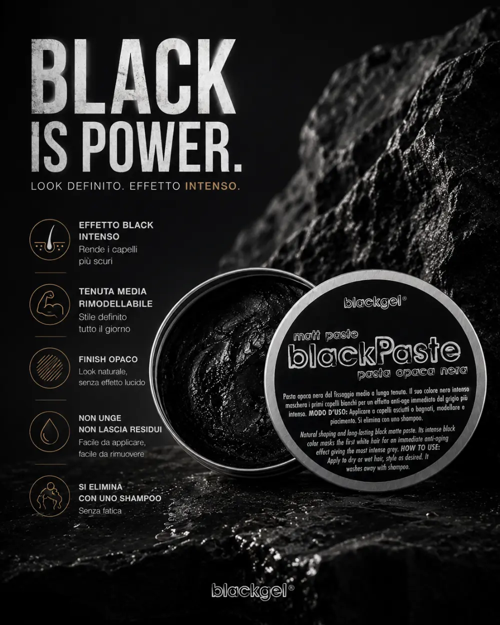 Pasta modellante nera opaca BlackPaste per capelli brizzolati con effetto naturale, finish opaco e styling a media tenuta.