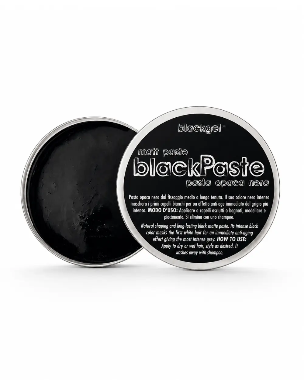 BlackPaste pasta nera opaca per capelli con media tenuta che aiuta a coprire i capelli bianchi e definisce l'acconciatura.