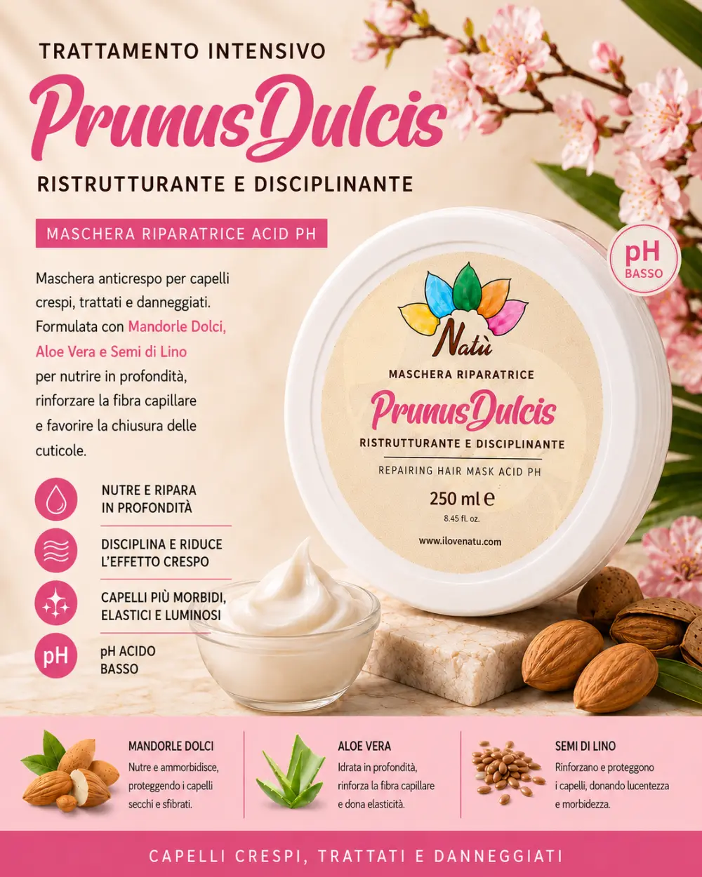 Maschera anticrespo con Mandorle Dolci, Aloe Vera, Tiglio Selvatico, Foglie di Olivo, Semi di Lino ed Estratto di Miele che aiuta a nutrire la fibra capillare, disciplinare i capelli e ridurre l'effetto crespo.