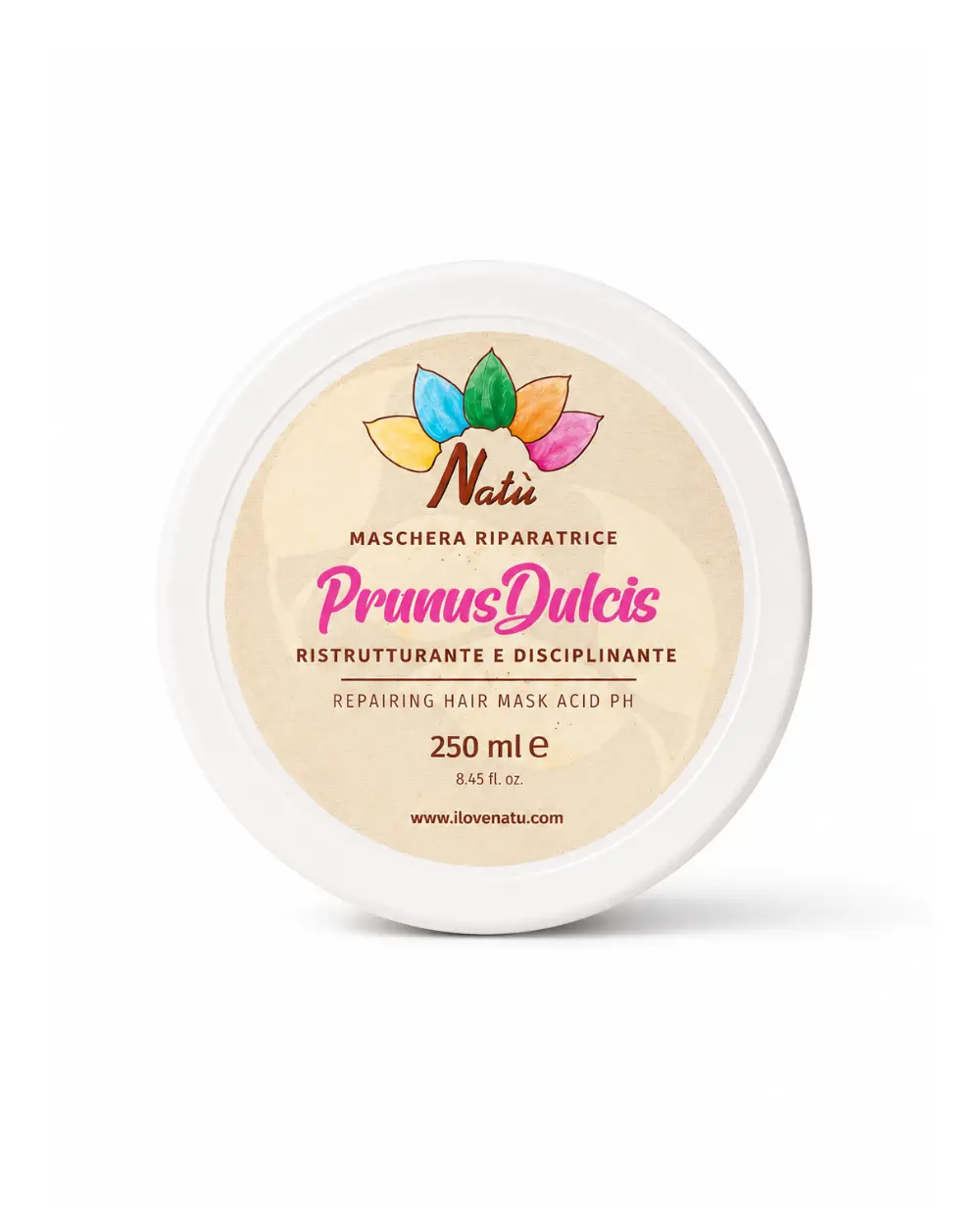Prunus Maschera Anticrespo per capelli trattati, crespi e danneggiati con pH basso, Mandorle Dolci, Aloe Vera e Semi di Lino.