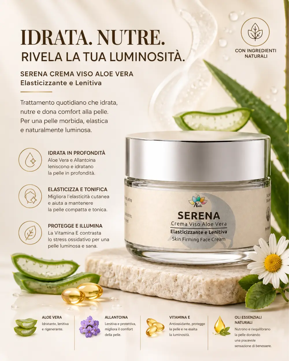 Crema viso con Aloe Vera, Allantoina, Vitamina E, Glicerina Vegetale e oli essenziali naturali che aiuta a idratare la pelle, migliorare elasticità e luminosità e mantenere il naturale equilibrio cutaneo.