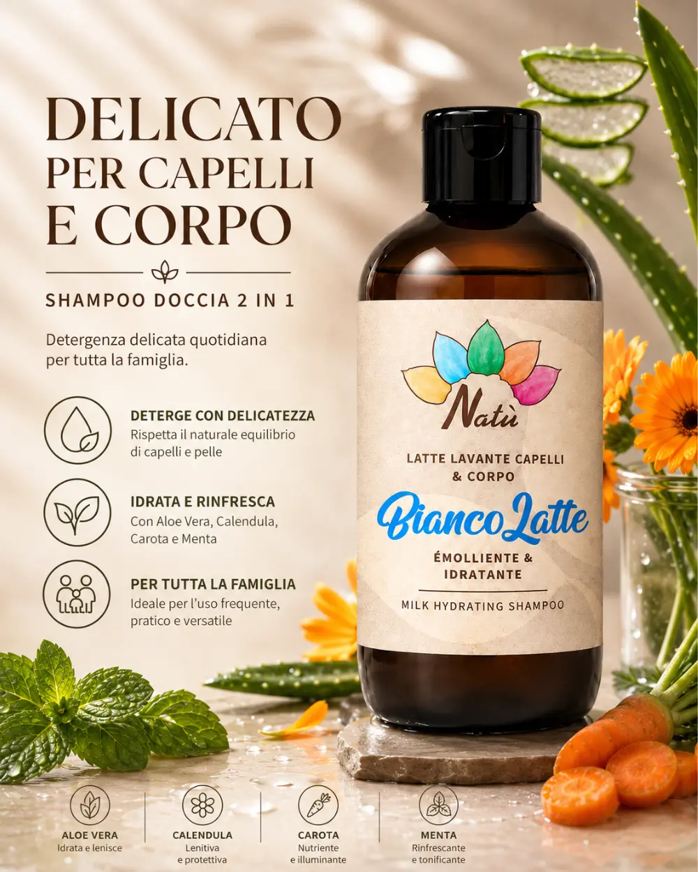 Shampoo doccia con Aloe Vera, Calendula, Estratto di Carota e Menta Piperita che deterge delicatamente, idrata pelle e capelli e dona una piacevole sensazione di freschezza.