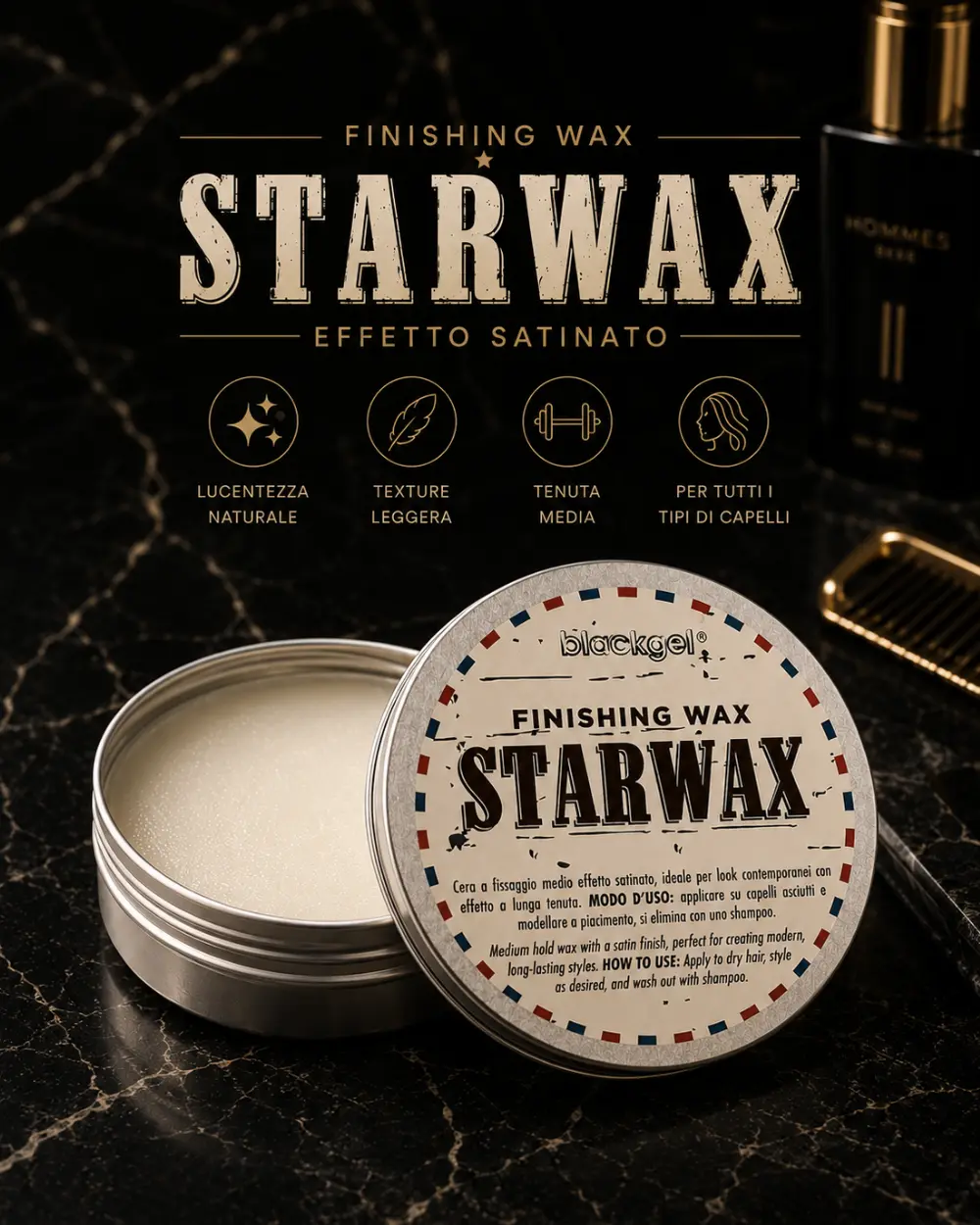 Cera capelli StarWax effetto satinato che dona brillantezza ai capelli spenti, mantenendoli morbidi, definiti e flessibili.