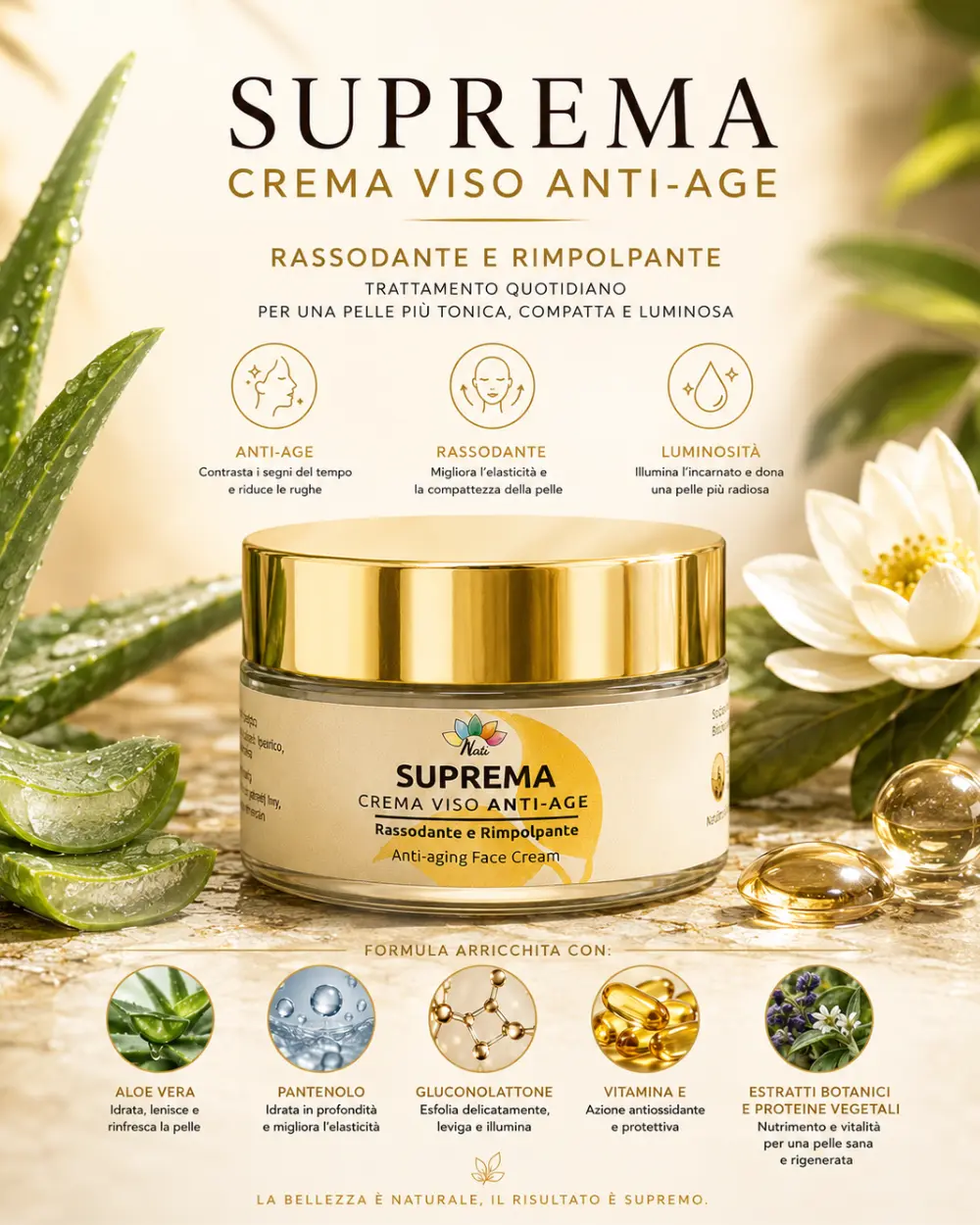 Crema viso antiage con Aloe Vera, Pantenolo, Gluconolattone, Vitamina E, Superoxide Dismutase, Proteine vegetali ed estratti botanici che aiuta a migliorare elasticità, compattezza e luminosità della pelle e a contrastare lo stress ossidativo.