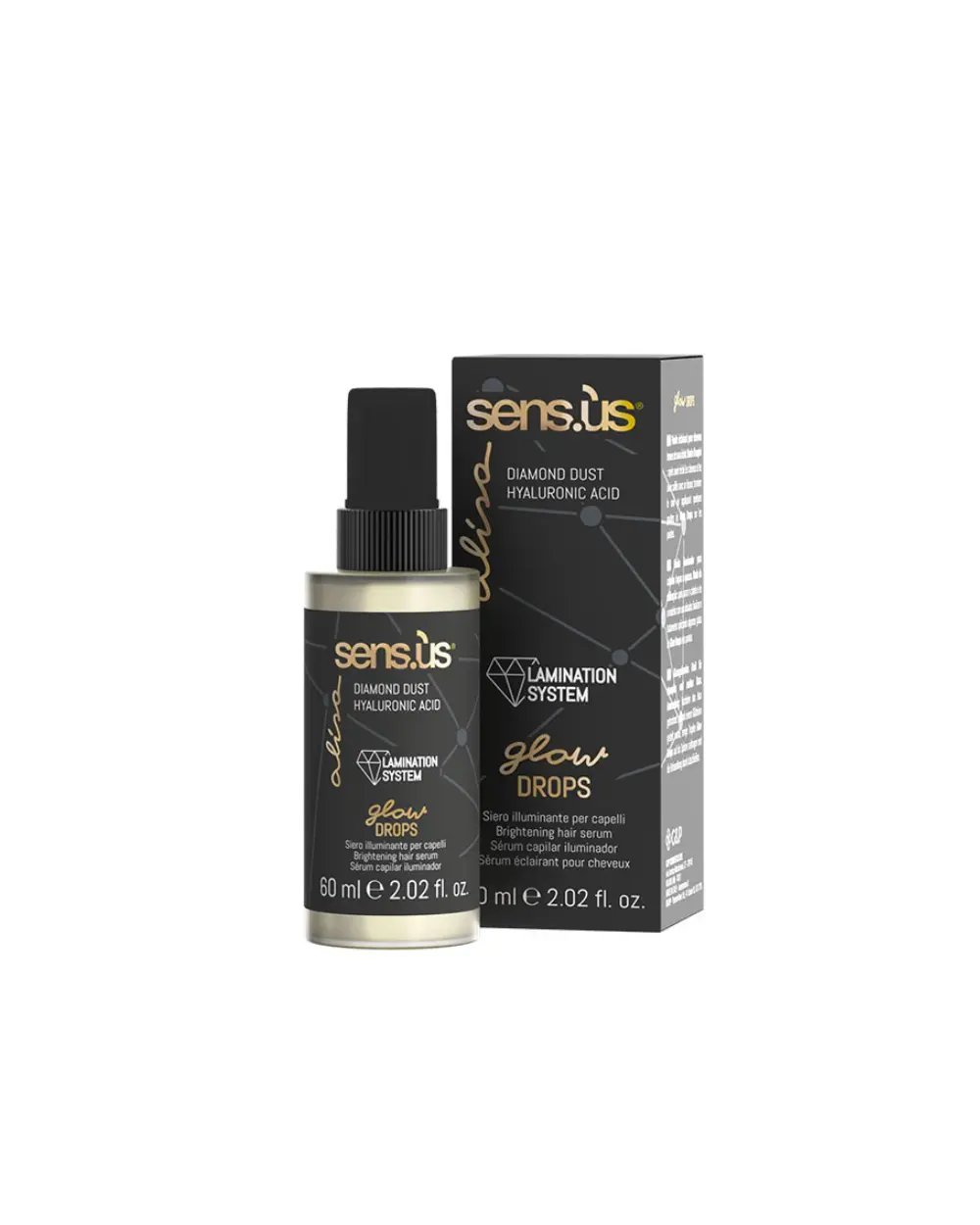 Alisa Glow Drops siero illuminante per capelli spenti e opachi con Diamond Dust e Acido Ialuronico, ideale per donare brillantezza, morbidezza e protezione alla fibra capillare.