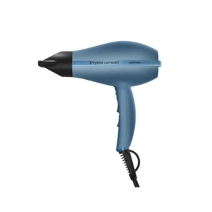 Asciugacapelli professionale compatto Gamma+ X-Hybrid Compact da 18 cm e 480 g con griglia rivestita in Tormalina, design ergonomico e pulsante aria fredda incassato.