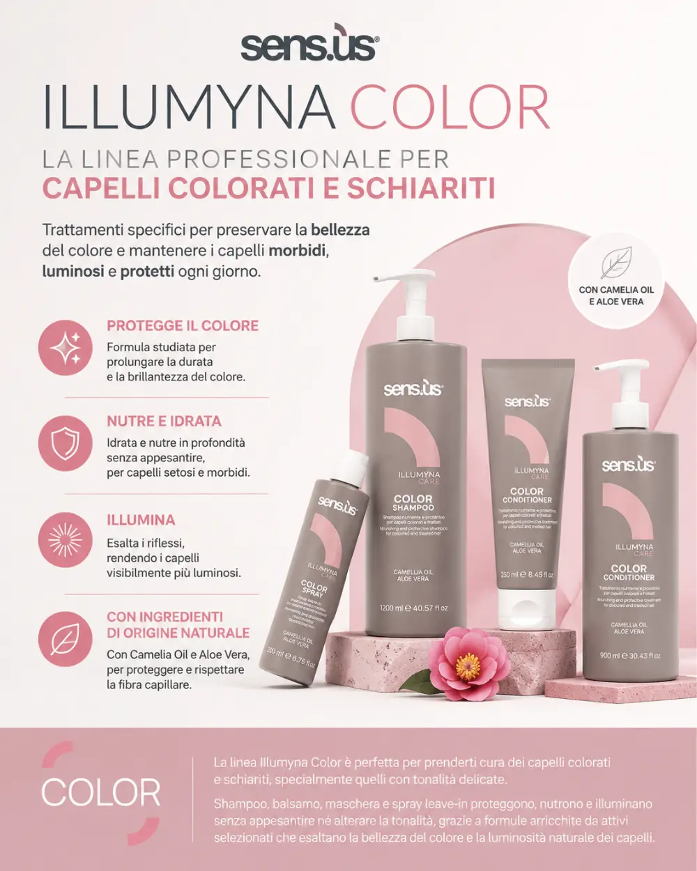 Shampoo, Balsamo e Spray per capelli colorati con Olio di Camelia e Aloe Vera che aiuta a proteggere il colore, nutrire la fibra capillare e mantenere i capelli morbidi, idratati e luminosi.