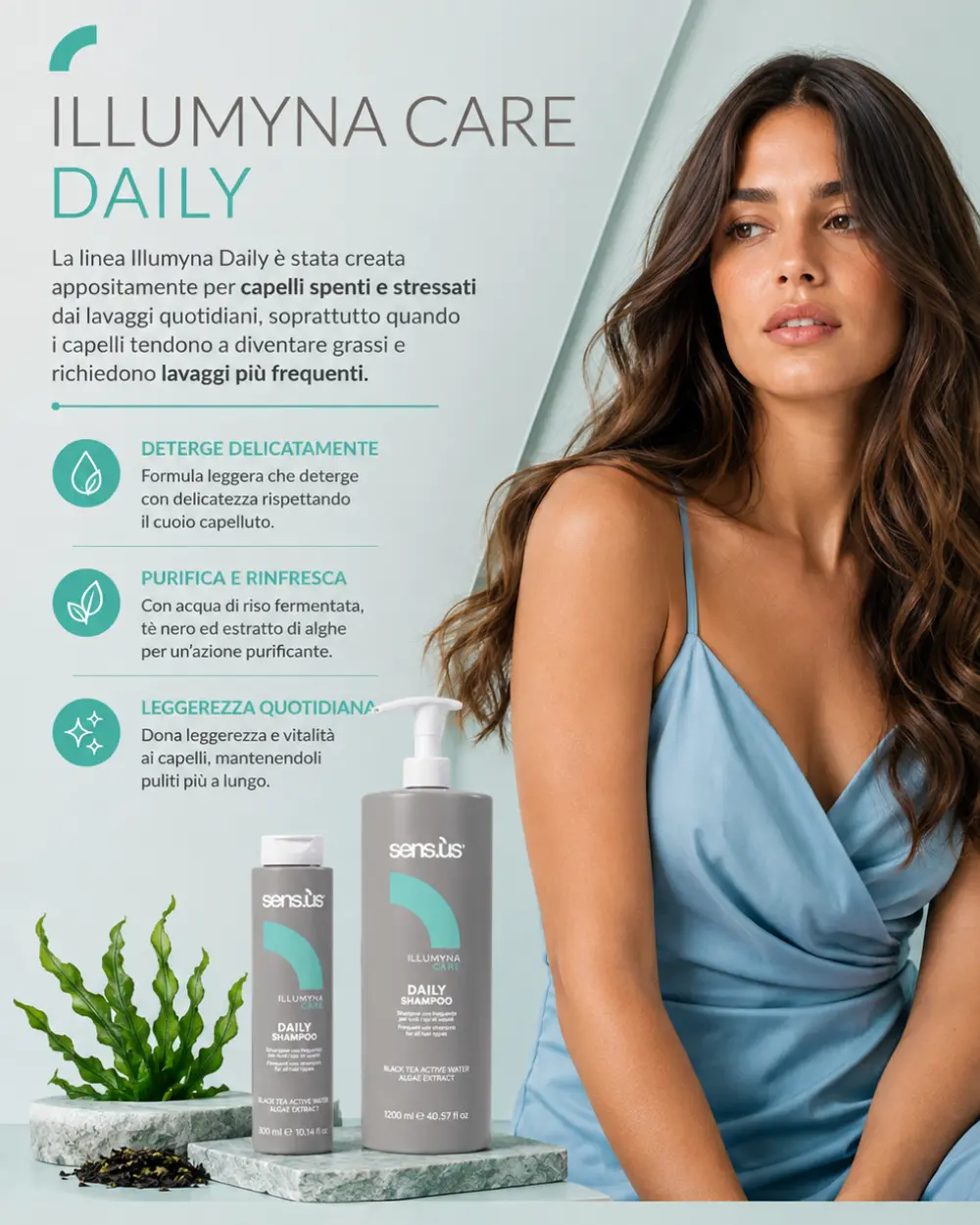 Shampoo per uso frequente con acqua di riso fermentata, acqua attiva di tè nero ed estratto di alghe che aiuta a detergere delicatamente, mantenere la cute in equilibrio e lasciare i capelli morbidi e leggeri.