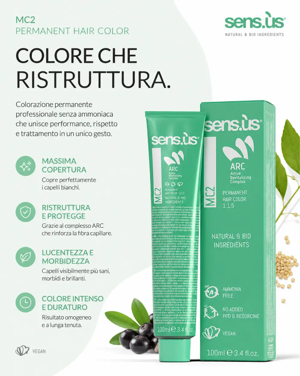Colorazione permanente senza ammoniaca con Active Revitalizing Complex, quinoa e bacche di acai che aiuta a coprire i capelli bianchi, proteggere la fibra capillare e mantenere il colore brillante e duraturo.