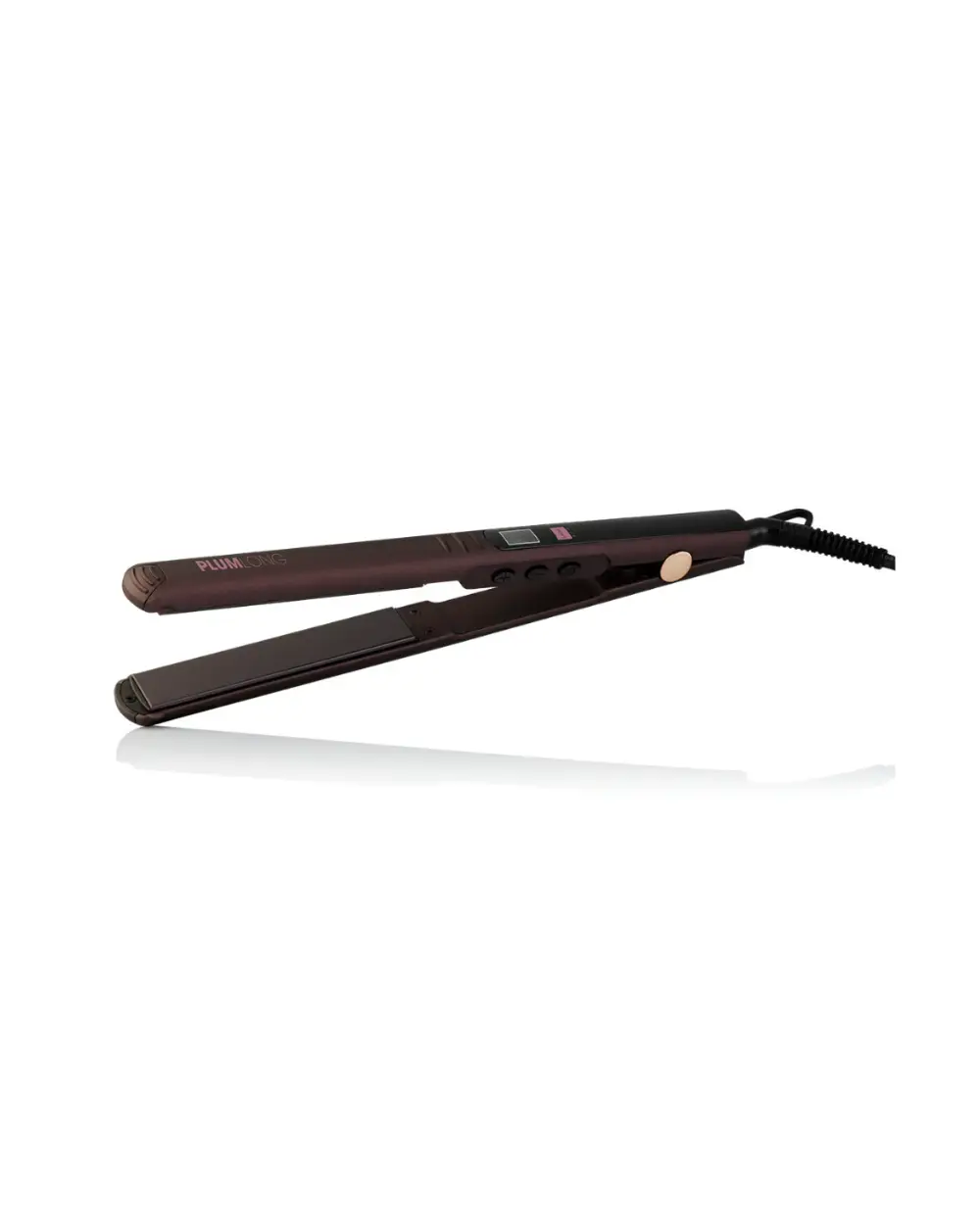 Piastra professionale Plum Long Evo con piastre lunghe flottanti in ceramica e tormalina da 25 x 120 mm, temperatura regolabile da 130°C a 230°C.