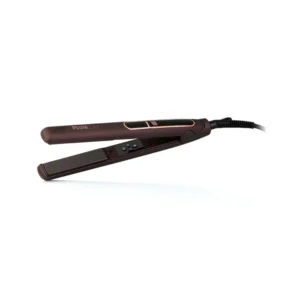 Piastra professionale Plum Slim con piastre flottanti in ceramica e tormalina da 25 x 90 mm, temperatura regolabile da 120°C a 230°C.