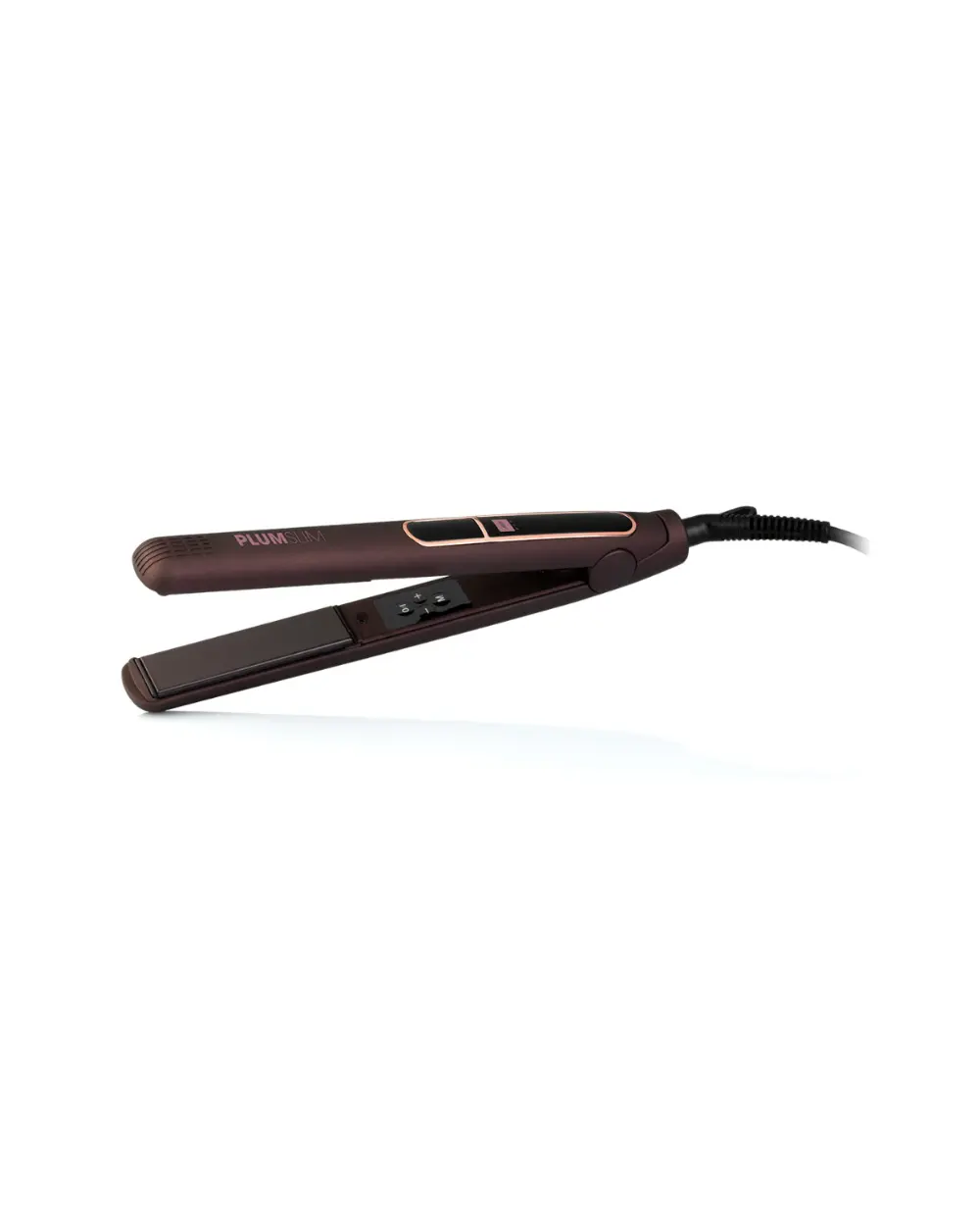 Piastra professionale Plum Slim con piastre flottanti in ceramica e tormalina da 25 x 90 mm, temperatura regolabile da 120°C a 230°C.
