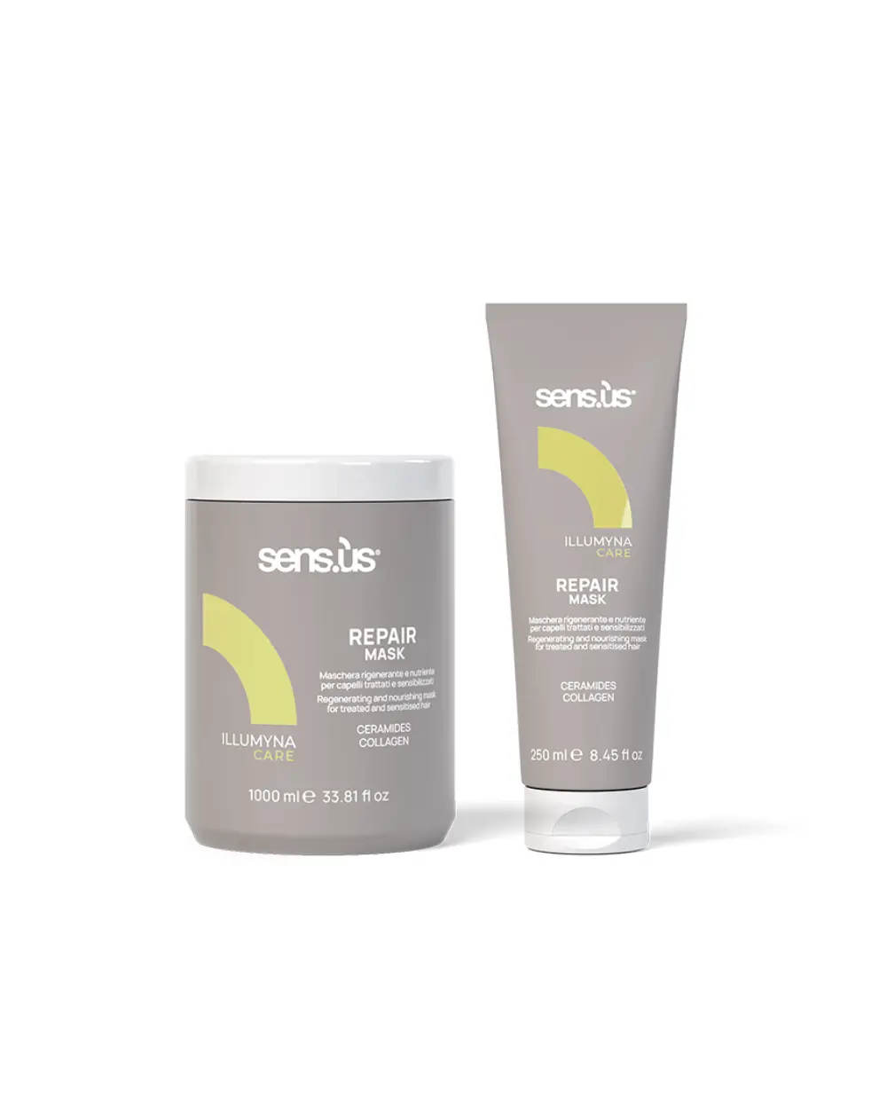 Repair Mask Illumyna Care maschera rigenerante per capelli trattati e danneggiati con ceramidi, collagene e proteine del cashmere per nutrire e riparare la fibra capillare.
