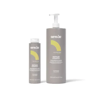 Repair Shampoo Illumyna Care shampoo rigenerante e nutriente per capelli trattati e sensibilizzati con ceramidi, collagene e proteine del cashmere, ideale per detergere delicatamente e nutrire la fibra capillare.