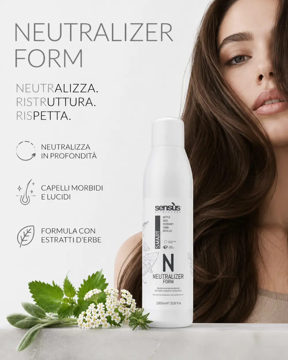 Neutralizzante professionale con ortica, salvia, rosmarino, china e achillea che aiuta a fissare la nuova forma del capello, condizionare la fibra capillare e mantenere i capelli morbidi e luminosi.